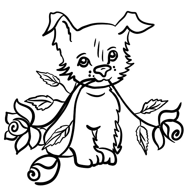 Online coloring book: Dog with a rose coloring book for womens day